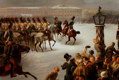 Angrepp på torget i decabrists av regementet av monterade vakter den 14 december 1825 av Georg Wilhelm Timm